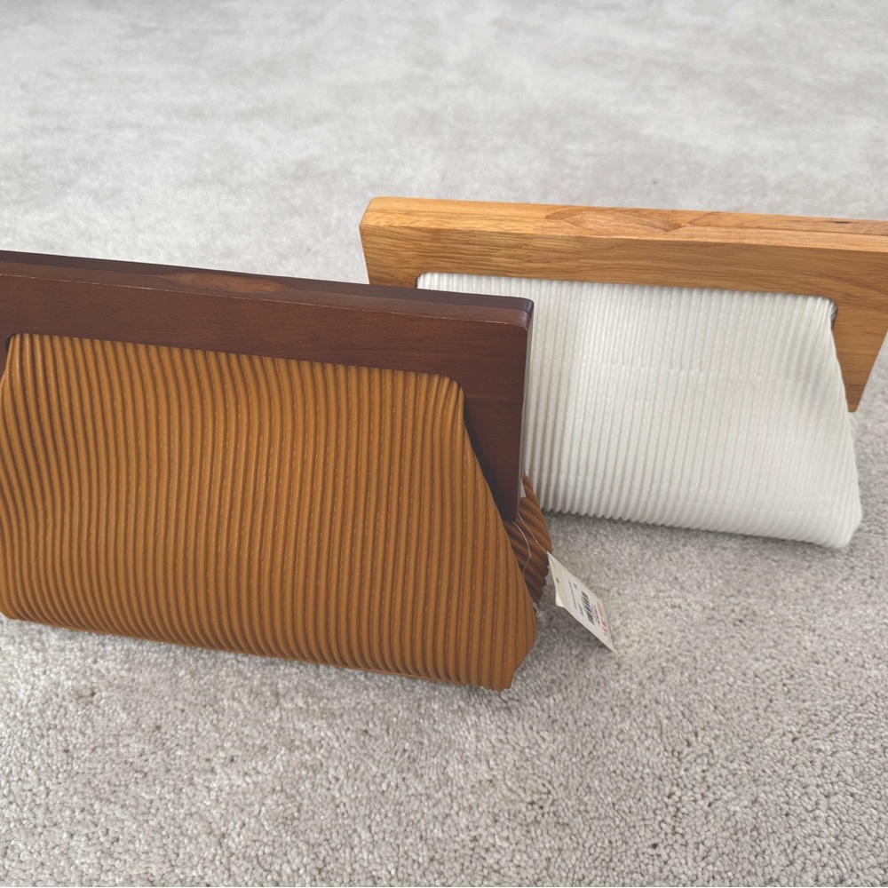 Set of 2 Francesca Ribbed Clutch Purses Tan, White with Wood Handles